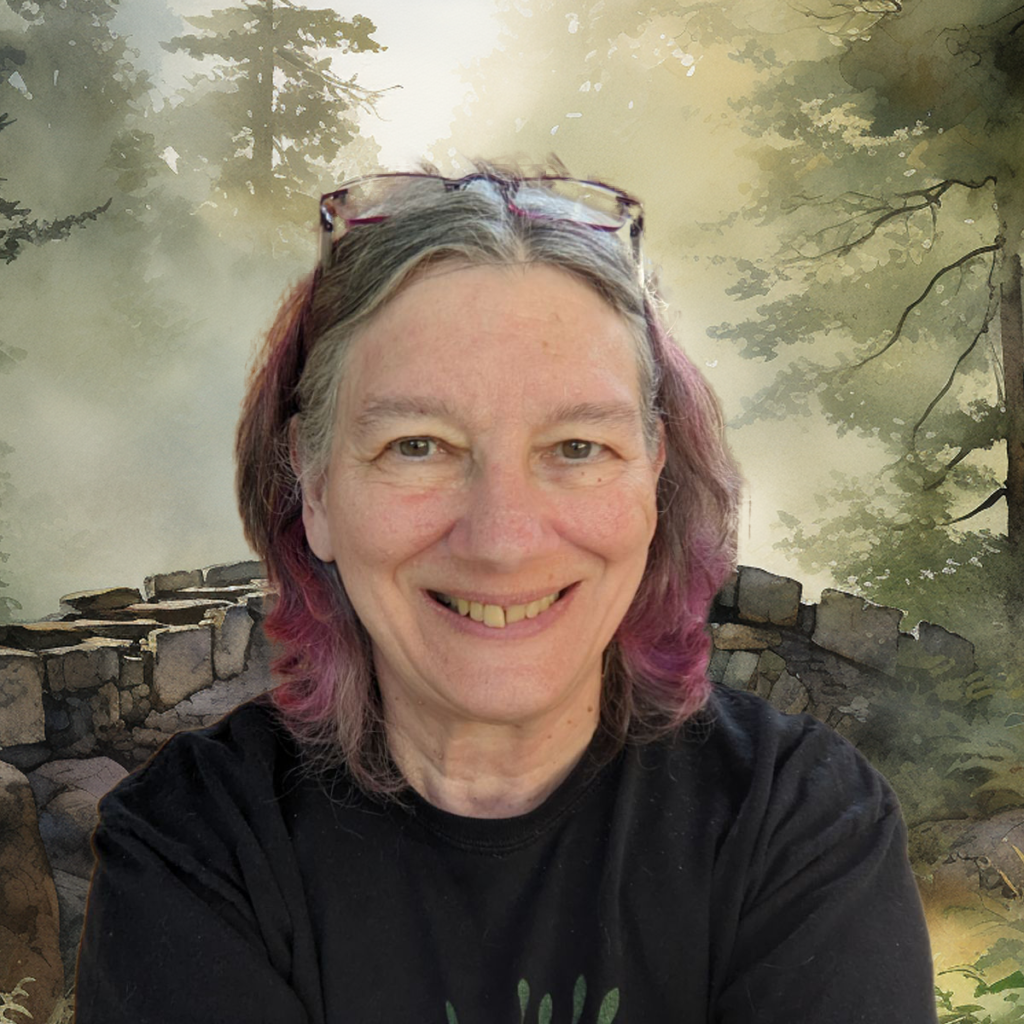Author Photo for Pam Zollman. Pam has a water colored backdrop of a forest scene with a bridge.